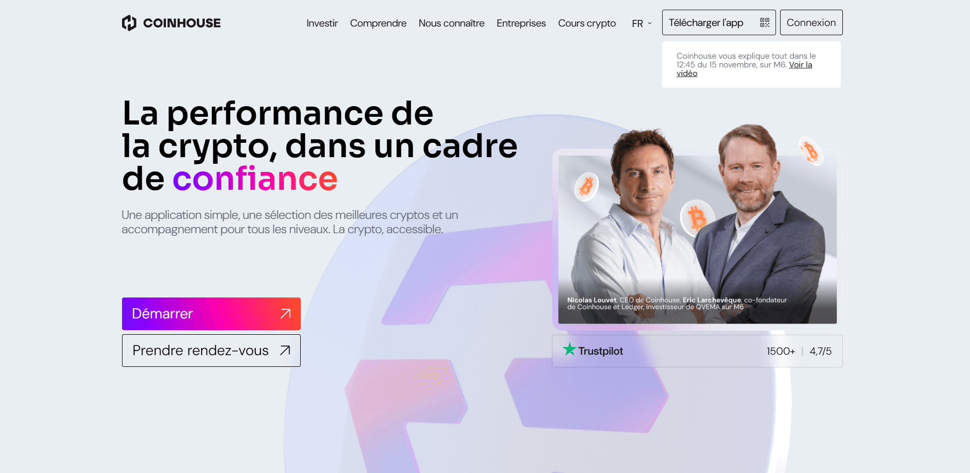 Capture d'écran de la plateforme Coinhouse, gestion de crypto-monnaies
