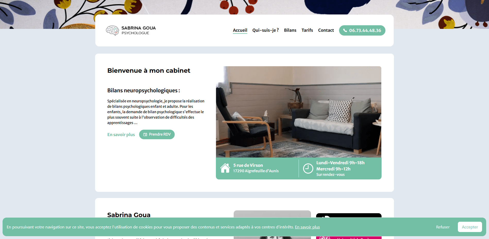 Capture d'écran de la page d'accueil du site de Sabrina Goua, psychologue